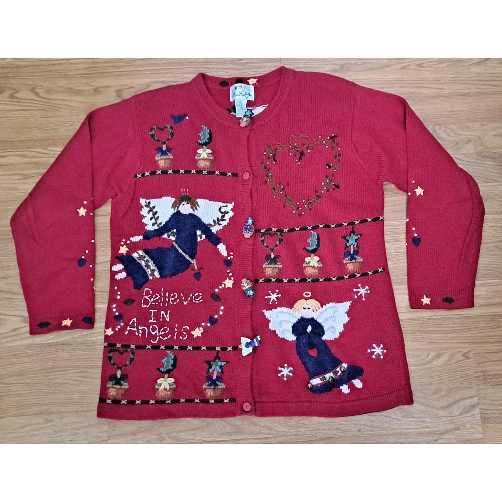 Quacker Factory Festive Holiday Cardigan Sweater "Believe in Angels"  Medium